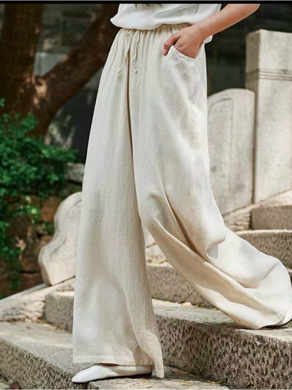 Women's Wide-Leg Cotton Linen Blend Pants - Cream